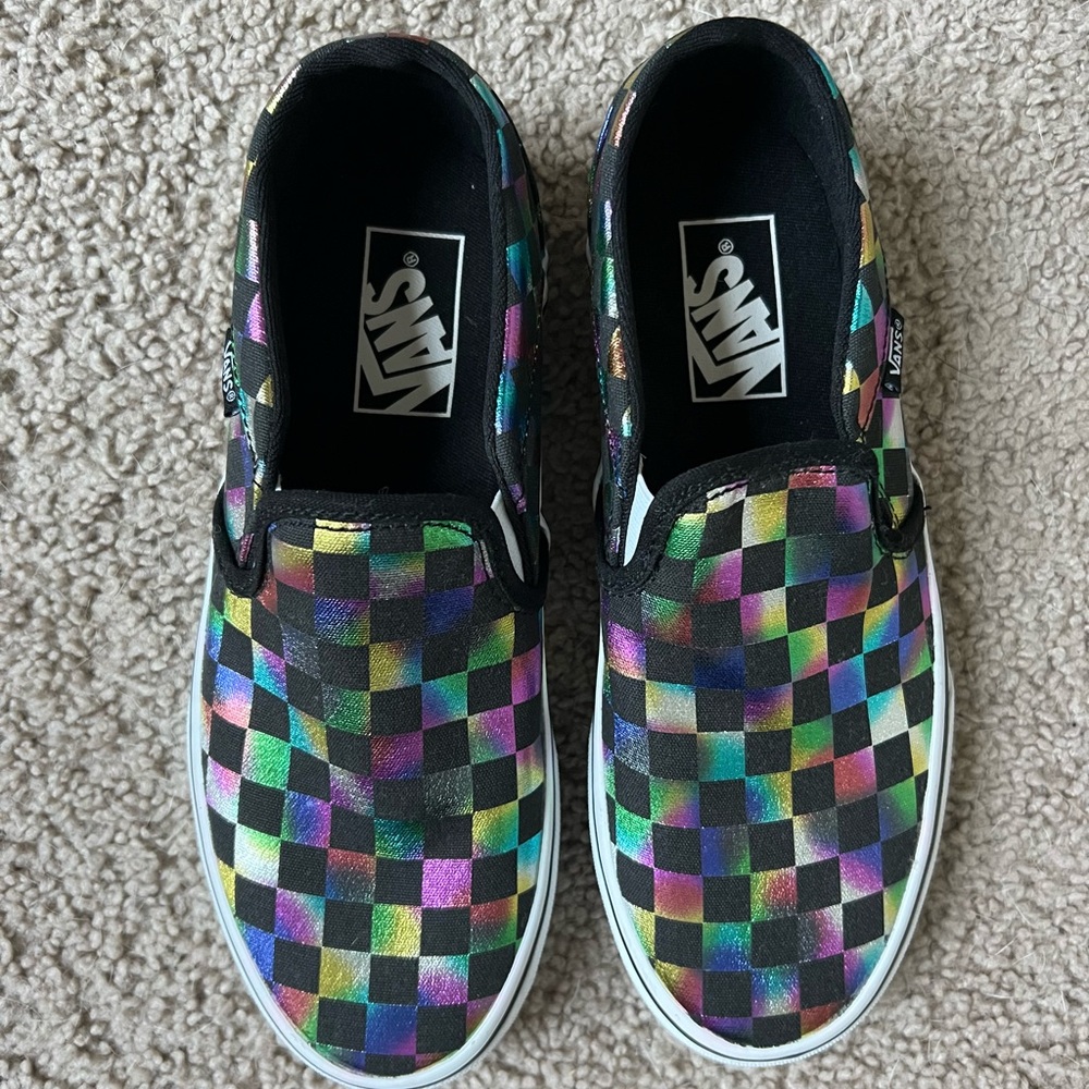 Women’s 7 Vans Holographic Rainbow Checkered / Black NEW!
